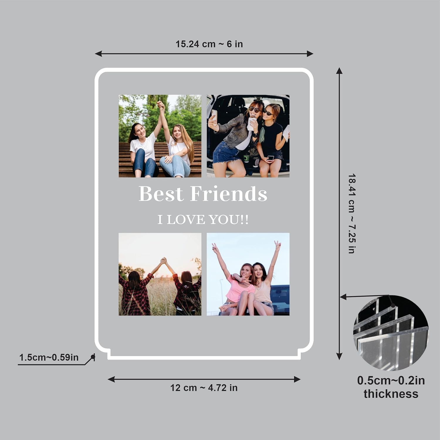 LED acrylic photo frame size diagram with quad photo layout and border
