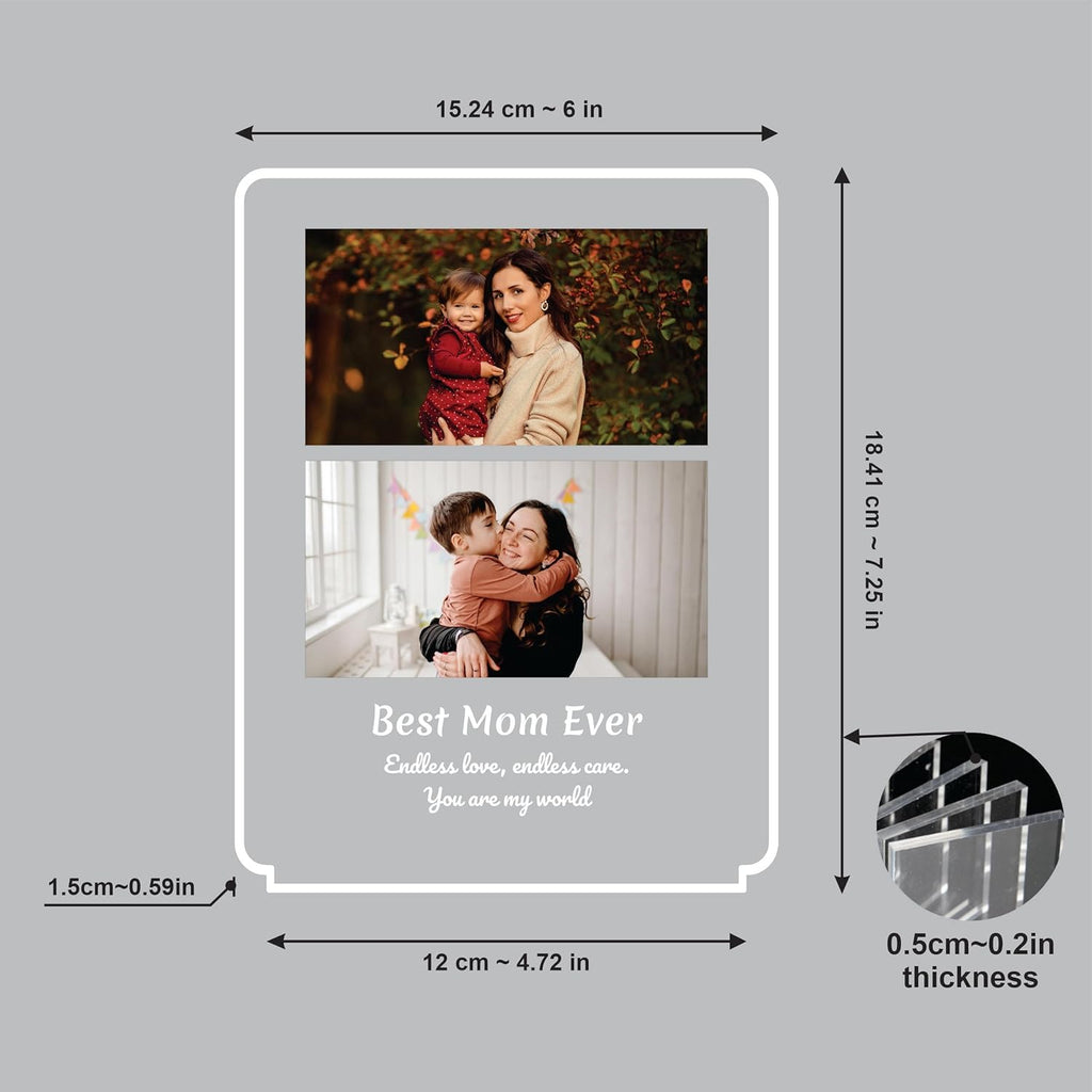 Vertical LED acrylic photo frame size diagram with photo window and labeled dimensions