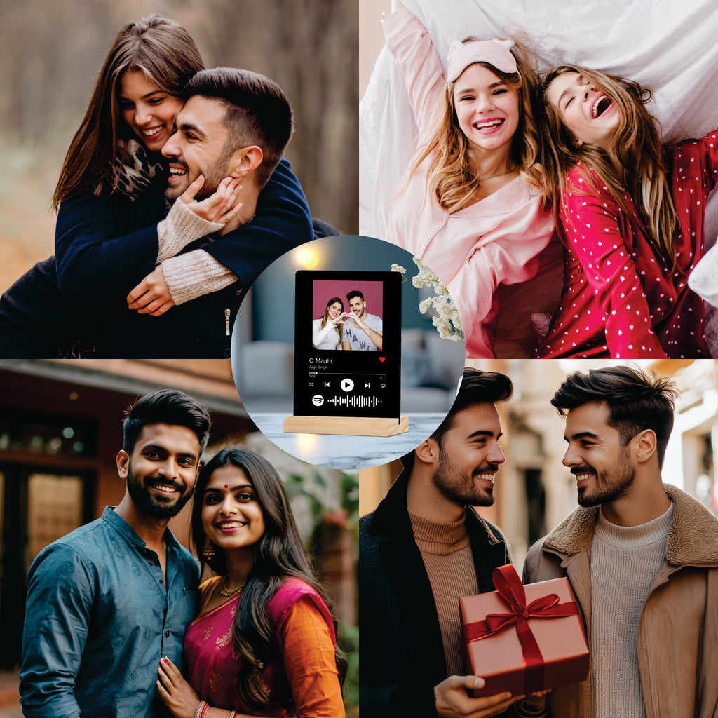 Black Spotify-style acrylic photo frame on wooden stand with photo and music controls