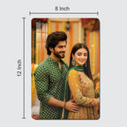 Acrylic photo frame with rounded corners showing a couple portrait in an 8x12 in size.