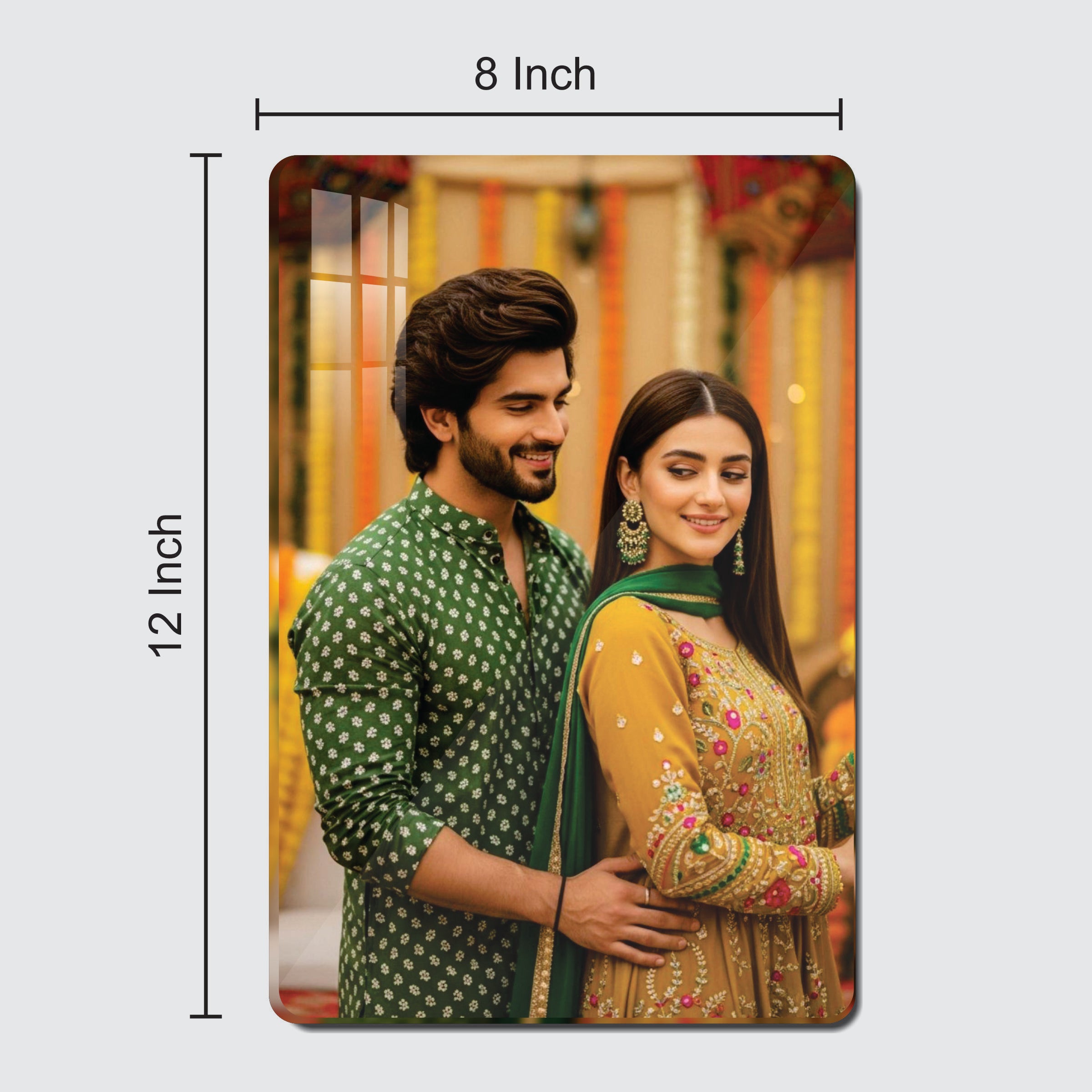 Acrylic photo frame with rounded corners showing a couple portrait in an 8x12 in size.