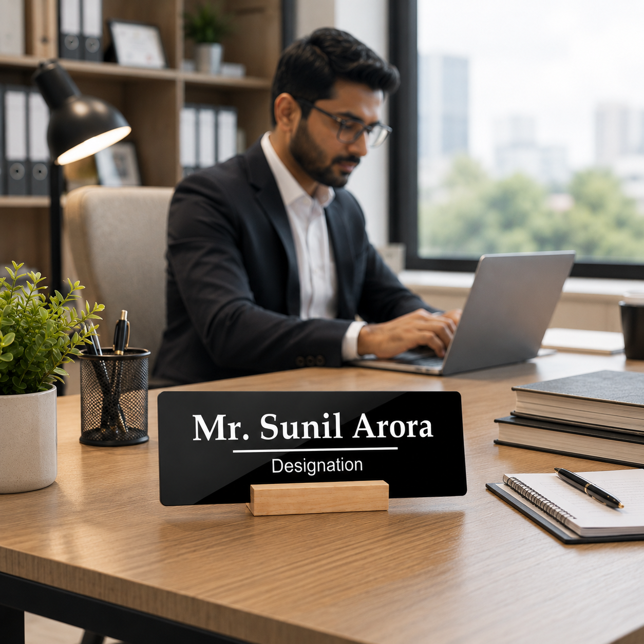 Black acrylic desk name plate with Mr. Sunil Arora and Designation, on wooden stand