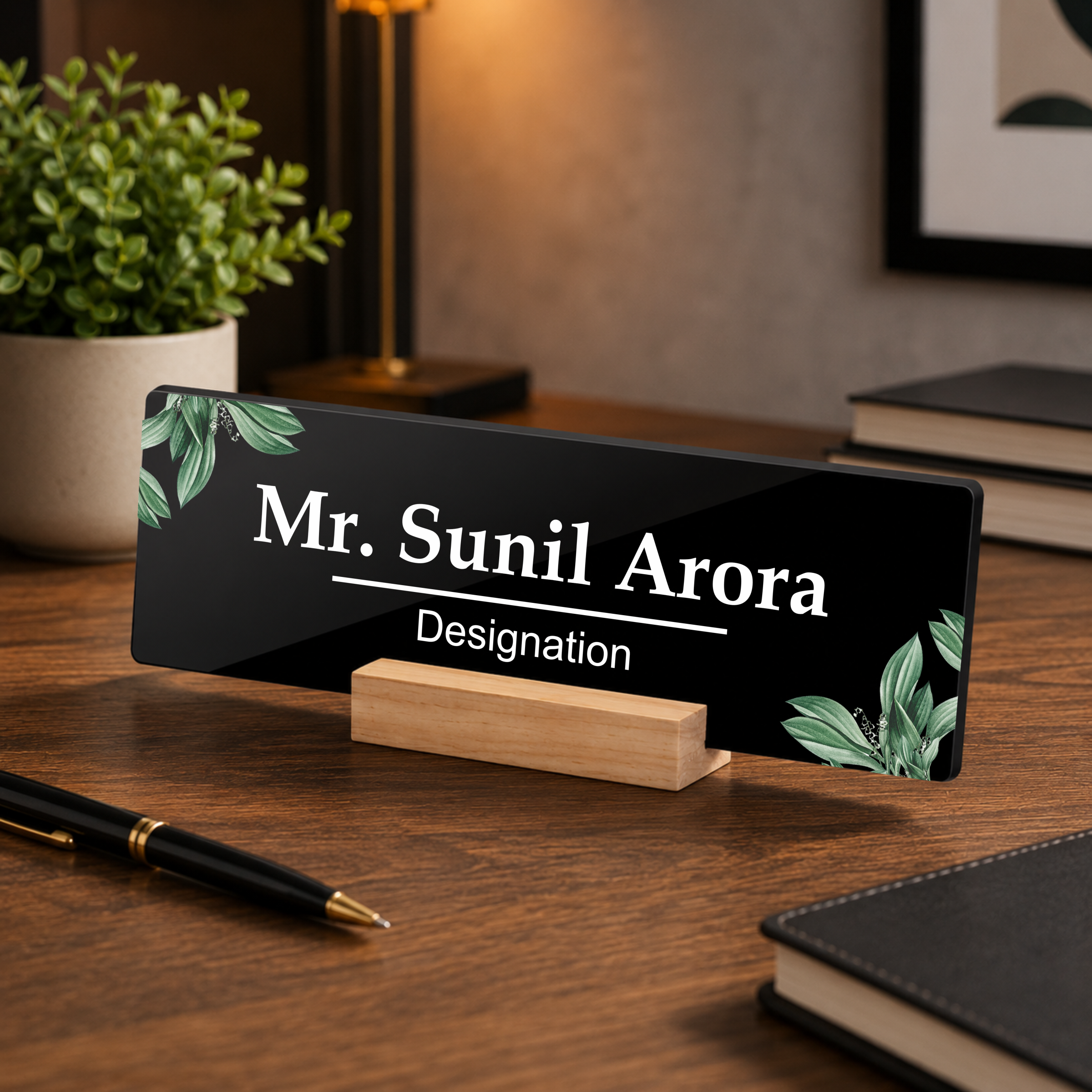 Black acrylic desk name plate on wooden stand, Mr. Sunil Arora Designation