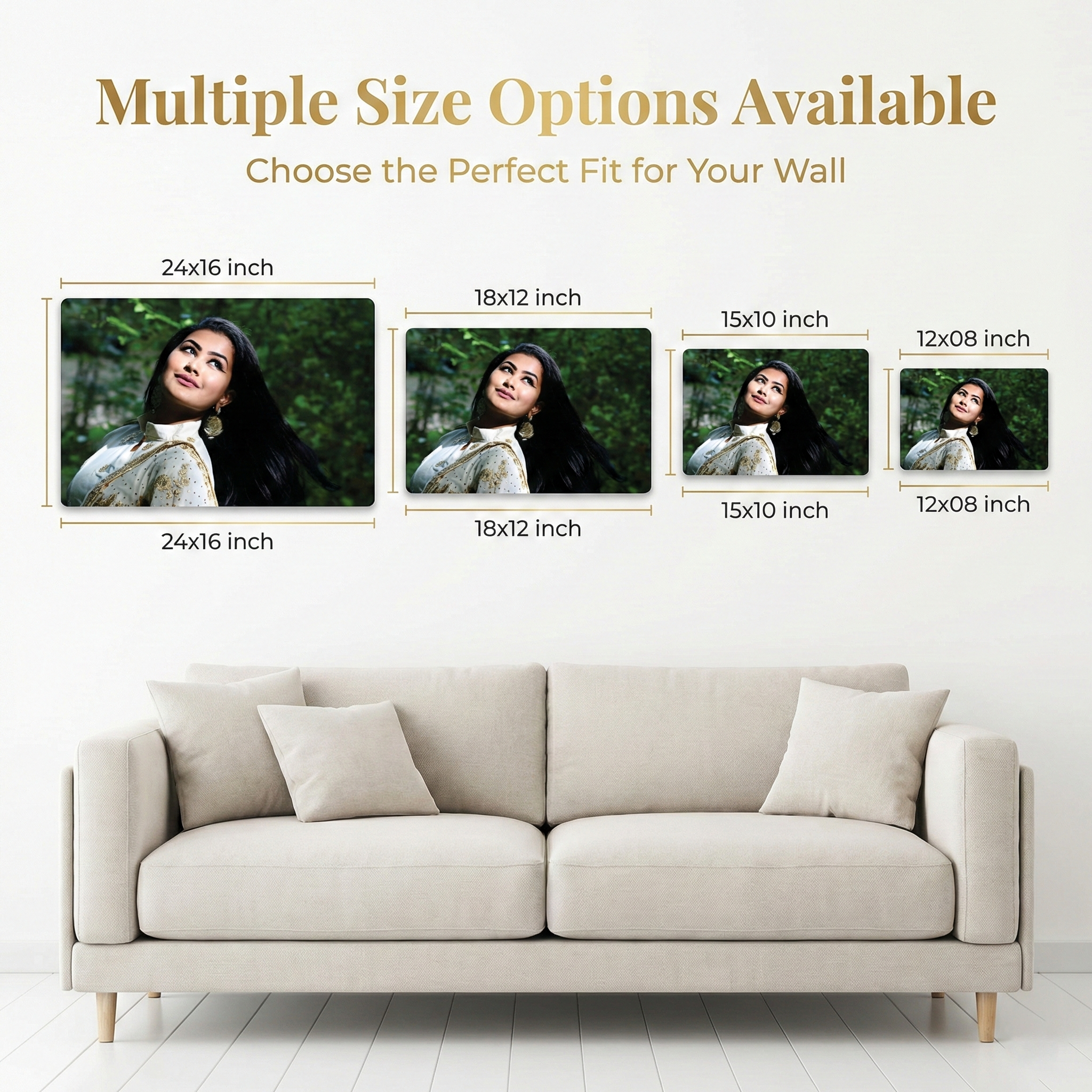 Clear acrylic photo frame size options: 24x16, 18x12, 15x10, 12x08 inches