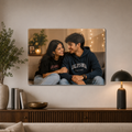 Clear acrylic wall photo frame with rounded corners, horizontal family portrait print