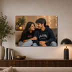 Clear acrylic wall photo frame with rounded corners, horizontal family portrait print