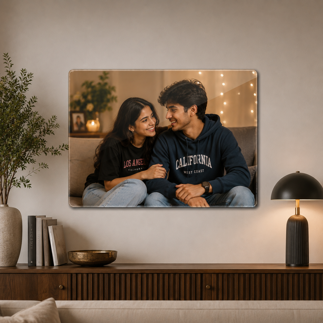 Clear acrylic wall photo frame with rounded corners, horizontal family portrait print