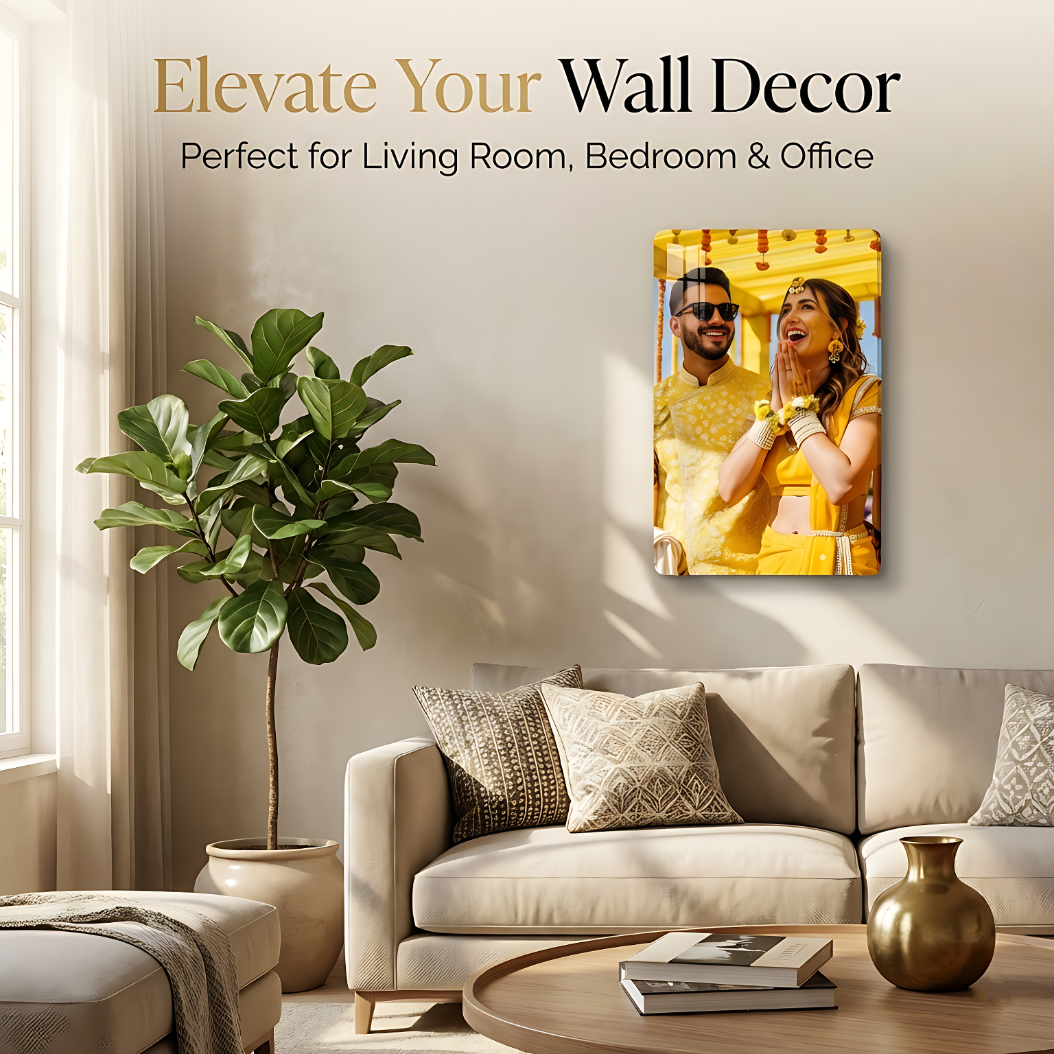 Acrylic wall photo frame mounted above sofa, portrait photo visible