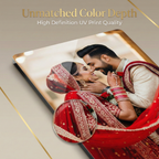 Clear acrylic wall photo frame angled view with glossy couple portrait print