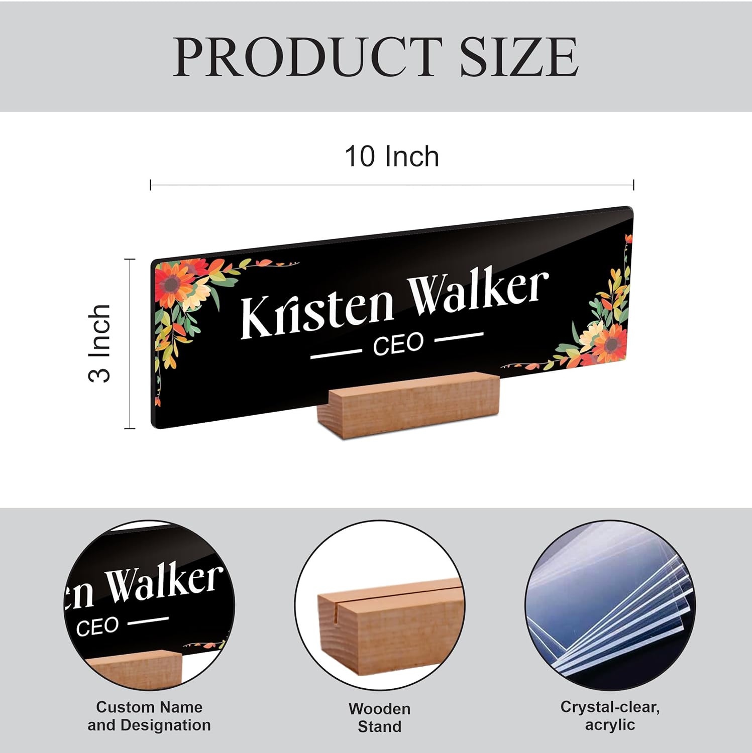 Desk name plate size chart: 10 in wide, 3 in tall, with wooden stand detail