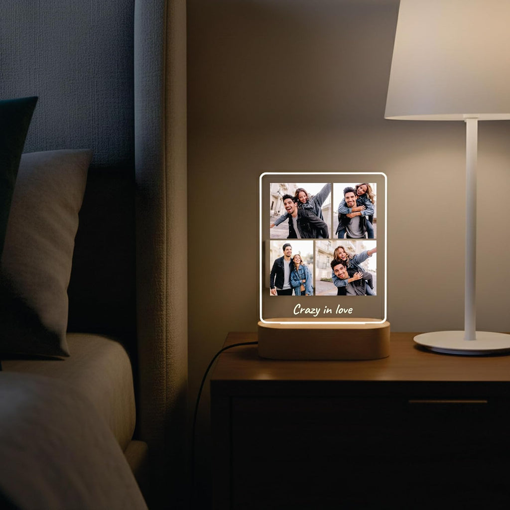 LED acrylic photo frame with four-photo collage on wood base, glowing border