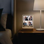 LED acrylic photo frame with four-photo collage on wood base, glowing border