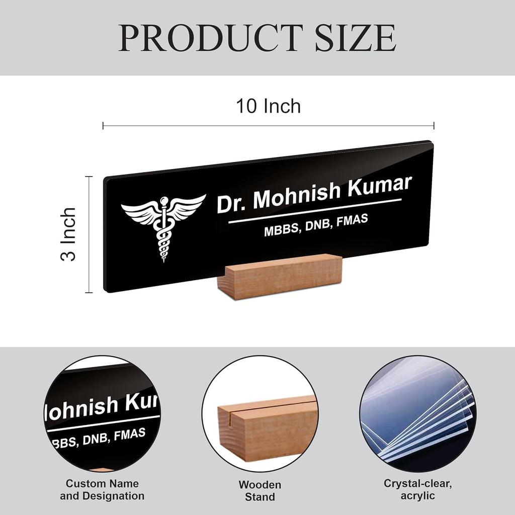 Desk name plate size diagram: 10 in x 3 in; wooden stand and acrylic panel