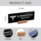 Desk name plate size diagram: 10 in x 3 in; wooden stand and acrylic panel