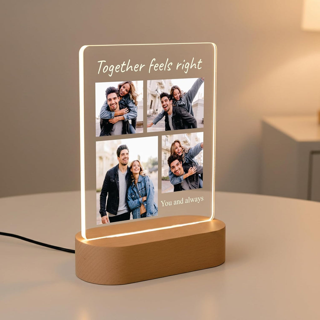 LED acrylic photo frame with wood base, glowing border and four-photo collage