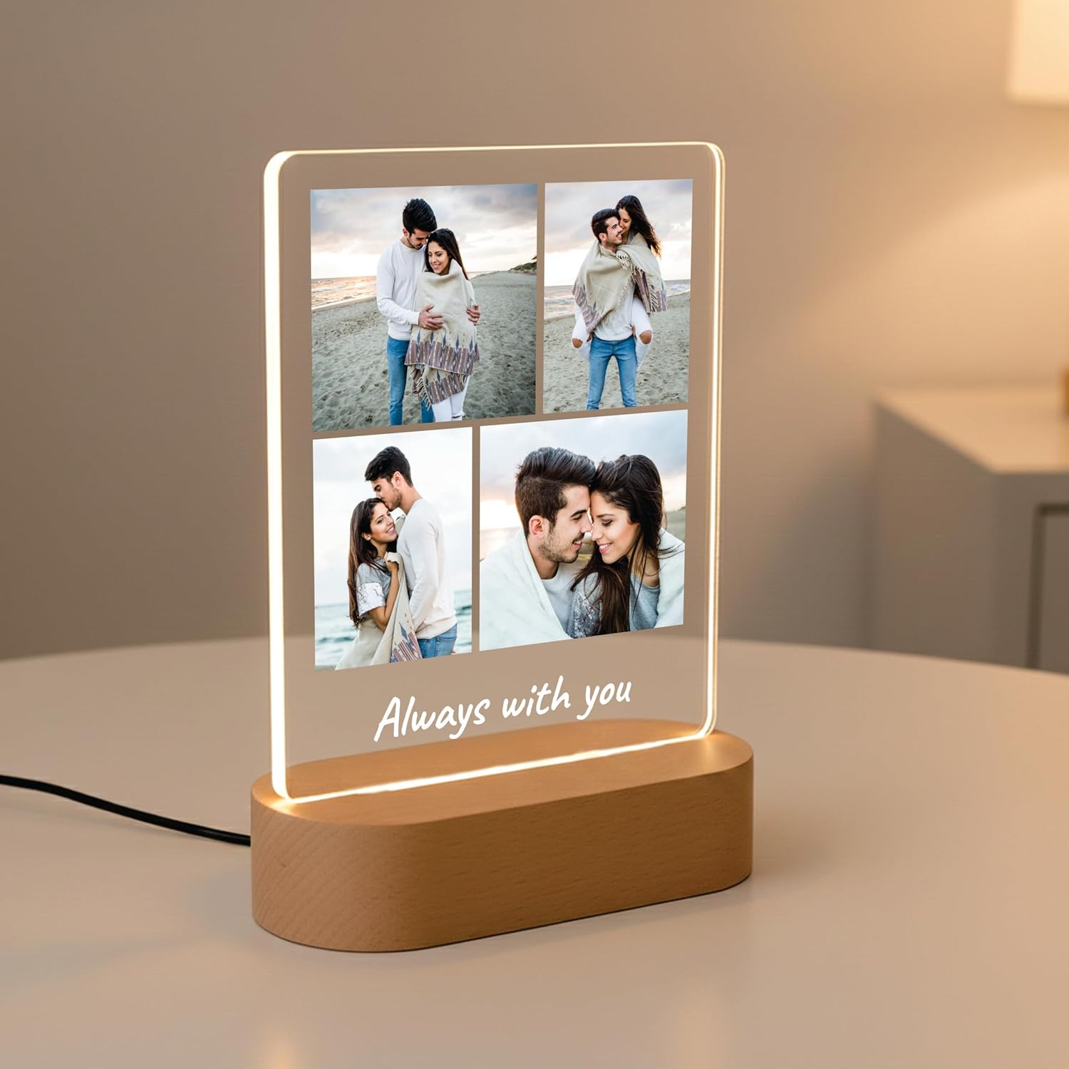 LED acrylic photo frame on wood base with four-photo collage and white glowing outline