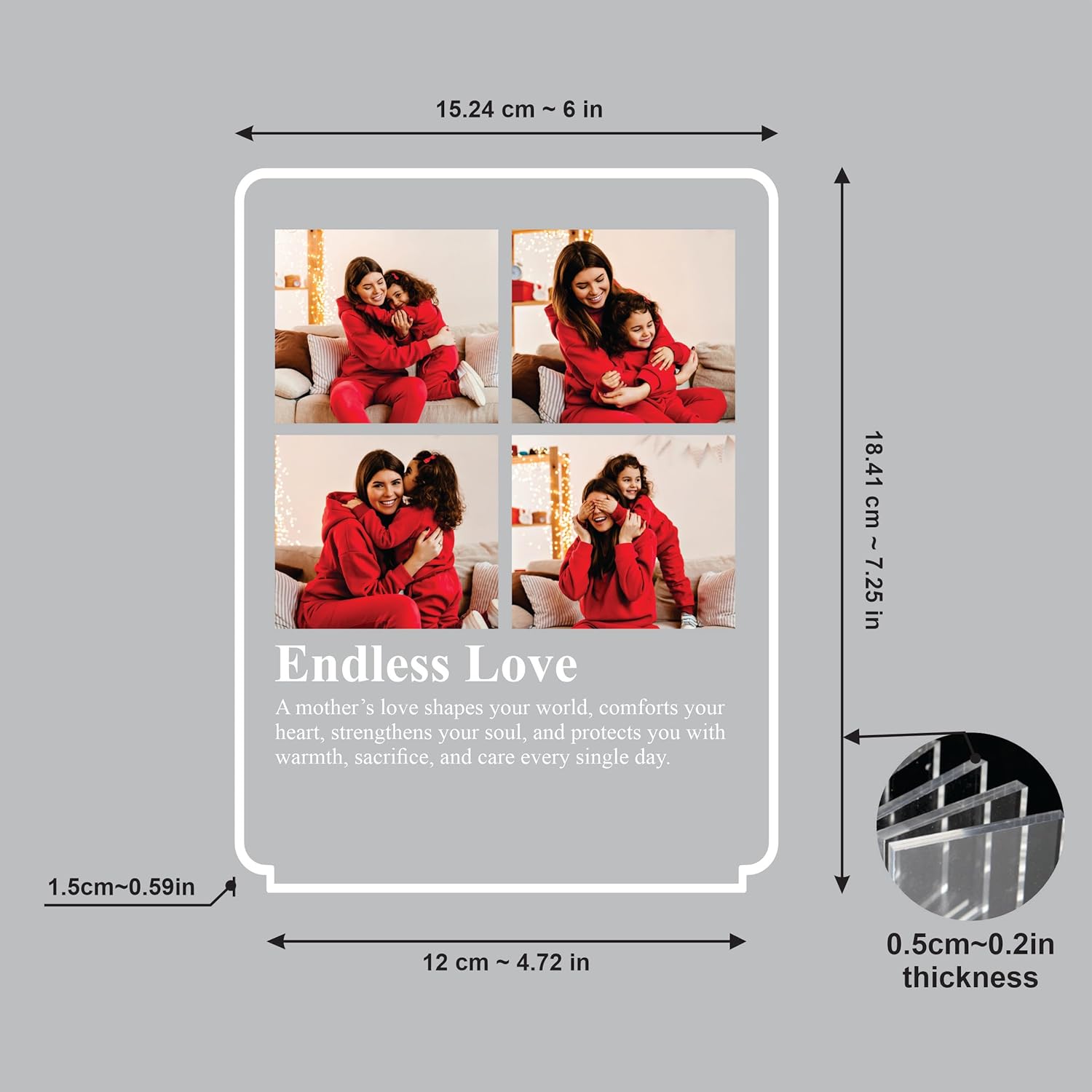 Acrylic photo frame with LED outline and four-photo grid, featuring 'Endless Love'