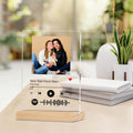 Acrylic Spotify photo frame with portrait, Spotify controls, and wooden stand