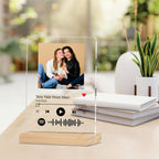 Acrylic Spotify photo frame with portrait, Spotify controls, and wooden stand