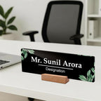 Black acrylic desk name plate with wooden stand, Mr. Sunil Arora Designation