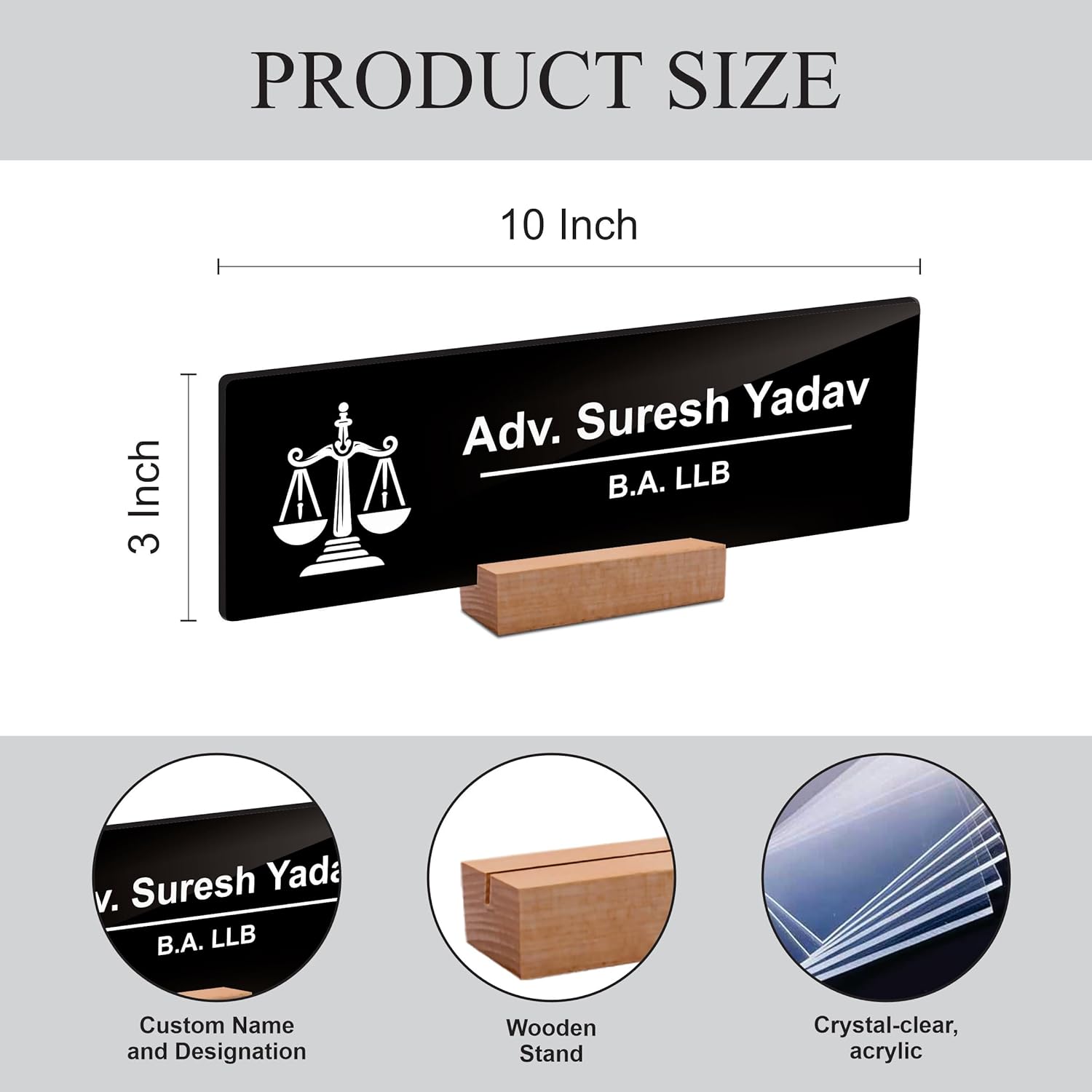 Black acrylic desk name plate on wood stand, shown as 10 in x 3 in