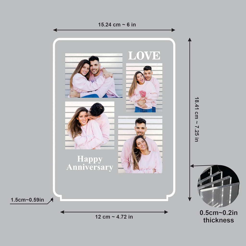LED acrylic photo frame size diagram with 4-photo layout and overall measurements