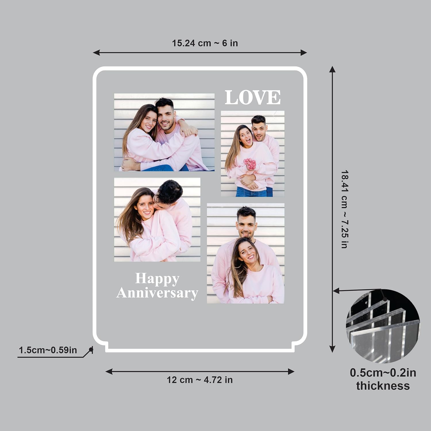 LED acrylic photo frame size diagram with 4-photo layout and overall measurements