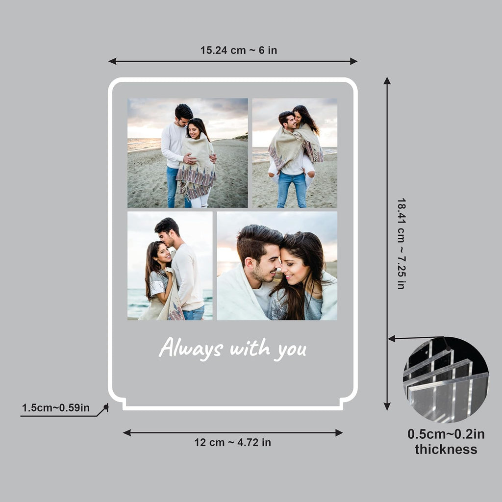 LED acrylic photo frame dimensions diagram with four-photo layout and wood base thickness
