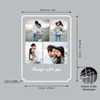 LED acrylic photo frame dimensions diagram with four-photo layout and wood base thickness