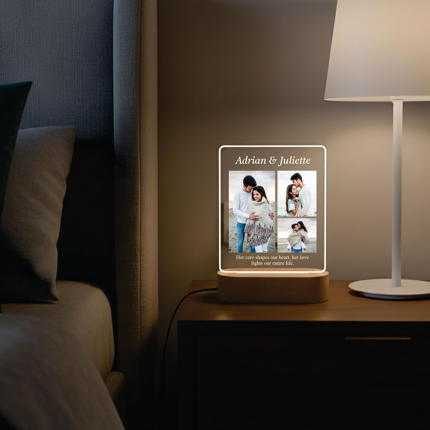 Warm LED acrylic photo frame with wood base; “Adrian & Juliette” message panel