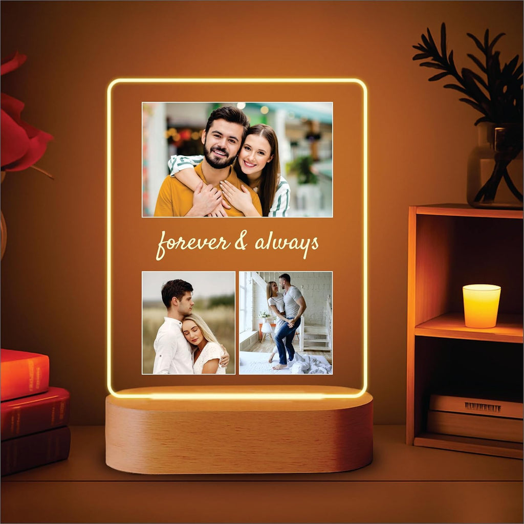 Glowing LED acrylic photo frame on light wood base with three-photo collage text