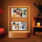 Glowing LED acrylic photo frame on light wood base with three-photo collage text