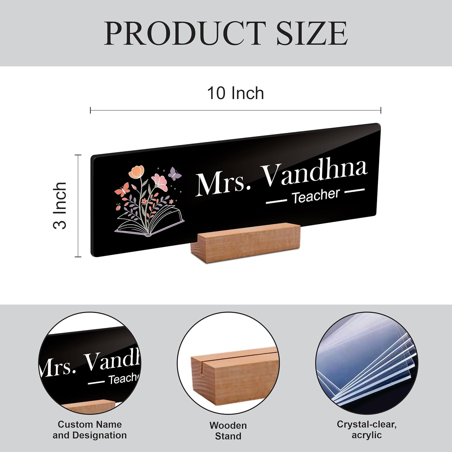 Black acrylic desk name plate, 10 in x 3 in, Mrs. Vandhna Teacher with floral book icon