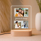 LED acrylic collage photo frame on light wood base with glowing border and three photos