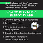How-to graphic for playing Spotify music by scanning the QR code on the frame