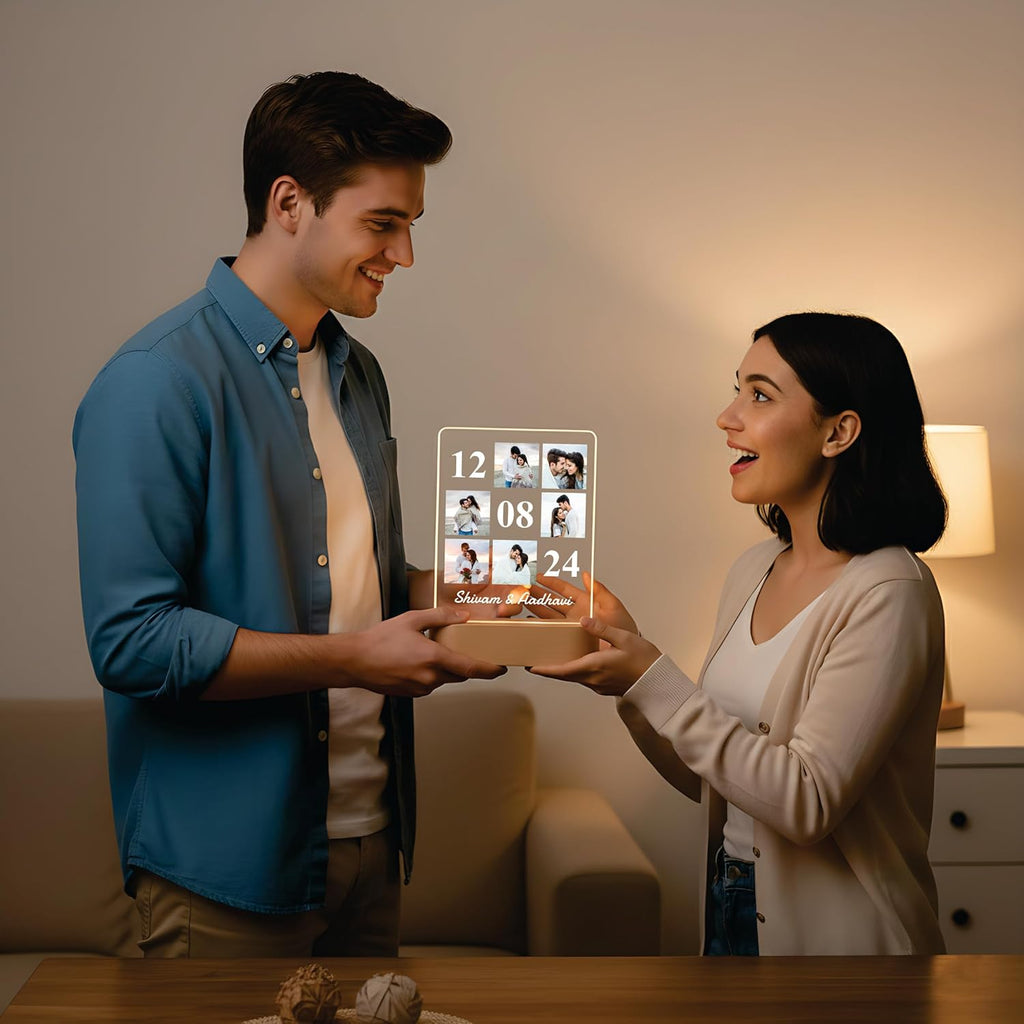 LED acrylic photo frame with 3 photo slots, glowing white border held by two people