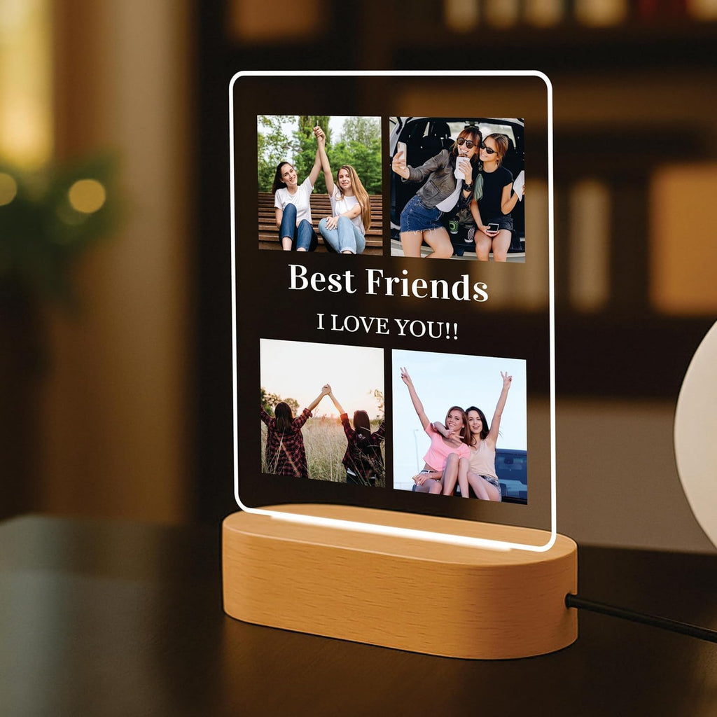 LED acrylic photo frame showing four photos with warm glow outline, wood base
