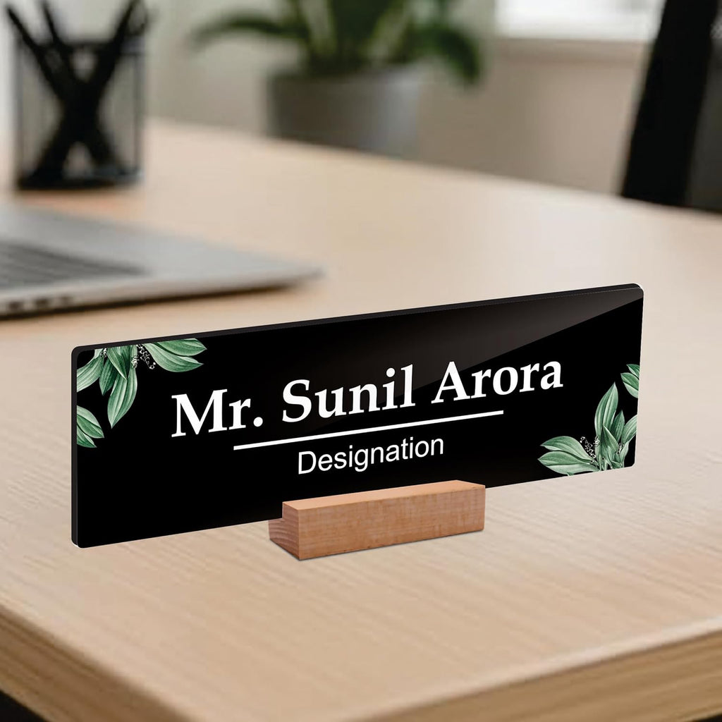 Black acrylic desk name plate, Mr. Sunil Arora Designation, botanical leaf accents
