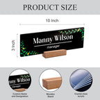 Acrylic desk name plate size diagram, 10 in, Manny Wilson manager text, wood stand
