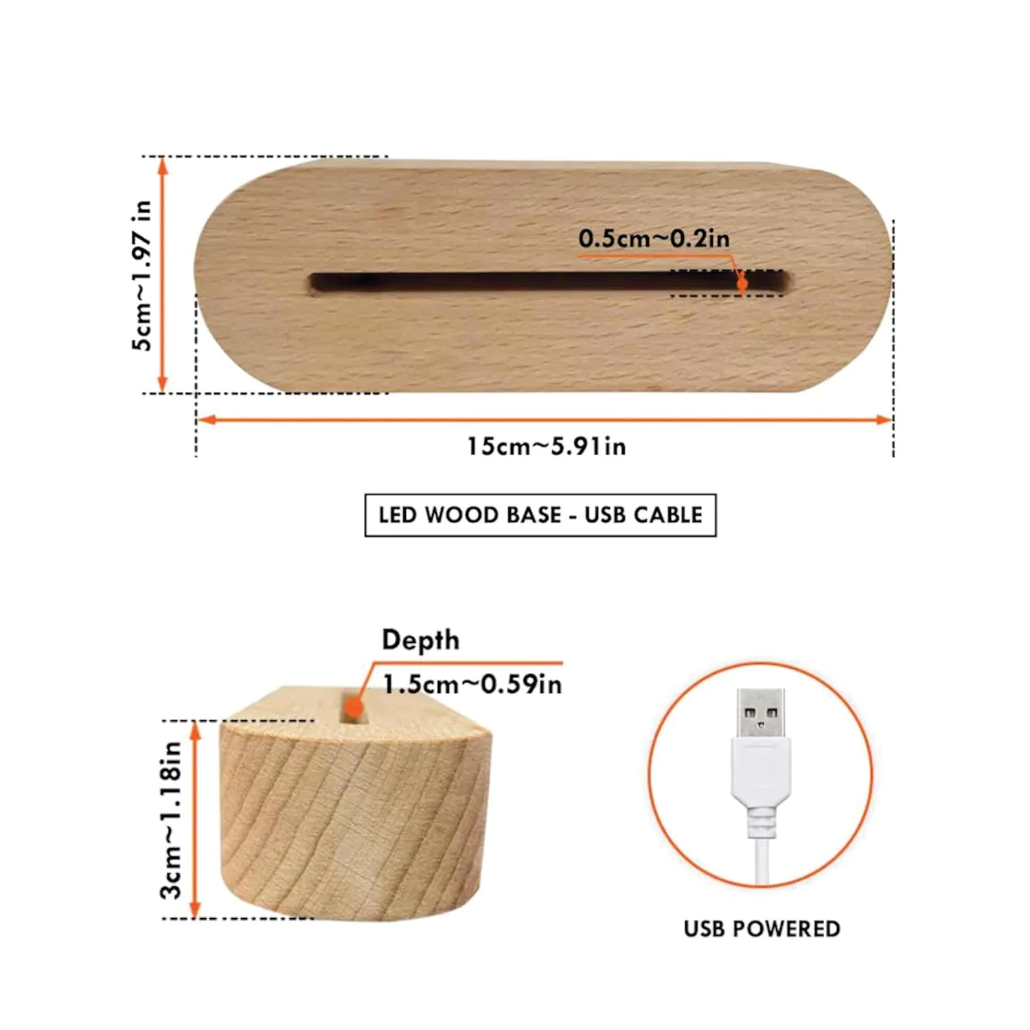 Wood LED base with USB cable port; underside view with size measurements
