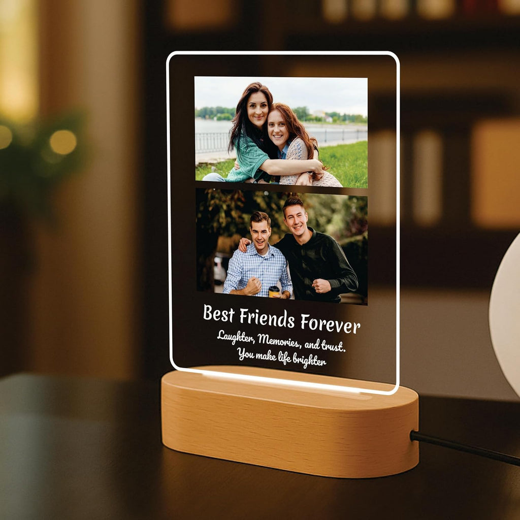 LED acrylic photo frame with two photos, warm glow border and circular wood base