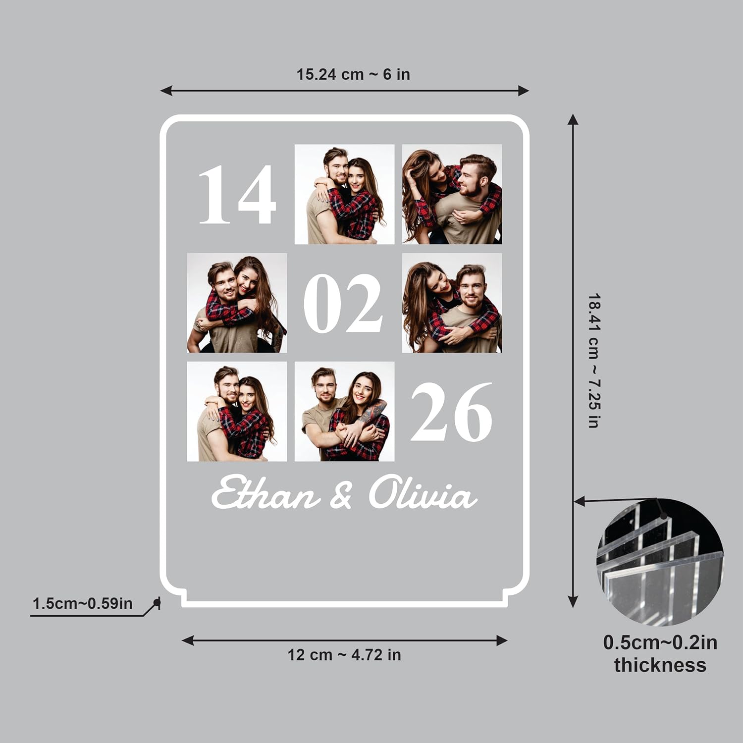 LED acrylic photo frame size diagram, approx 12cm wide and 14.3cm tall, 0.5cm thick