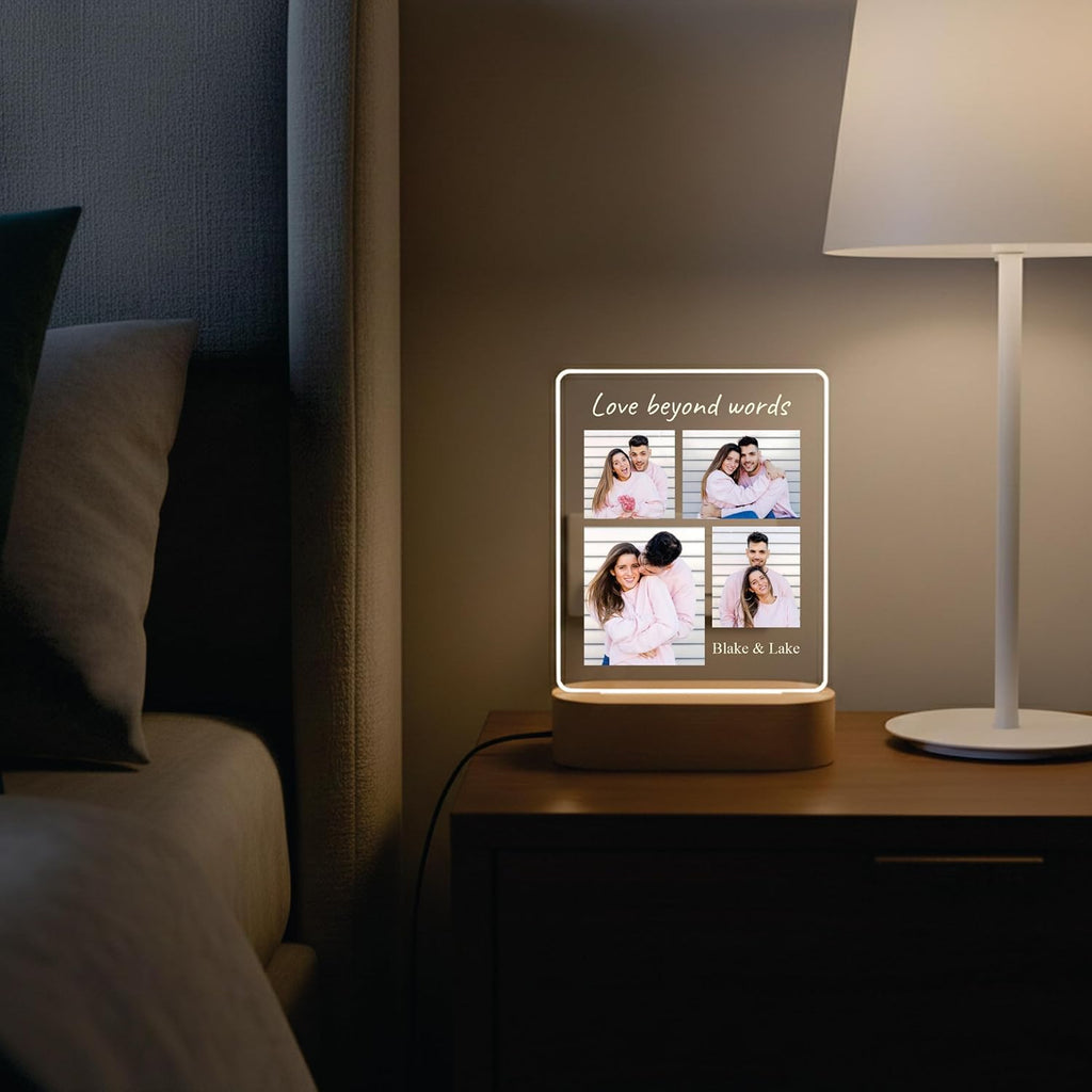 LED acrylic photo frame with wood base, glowing border and four-photo display