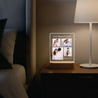 LED acrylic photo frame with wood base, glowing border and four-photo display