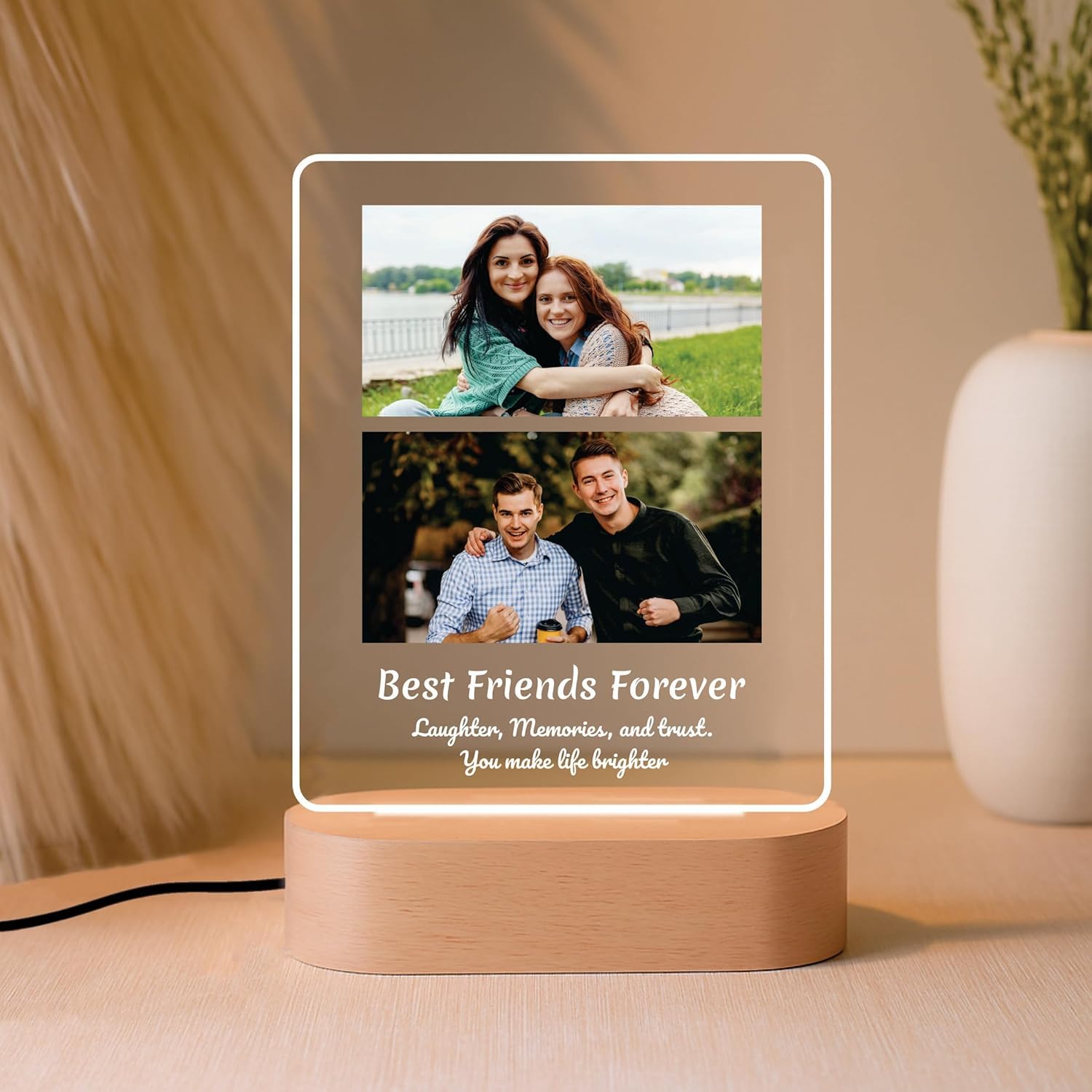 LED acrylic photo frame with two photos, warm glow border and wood base
