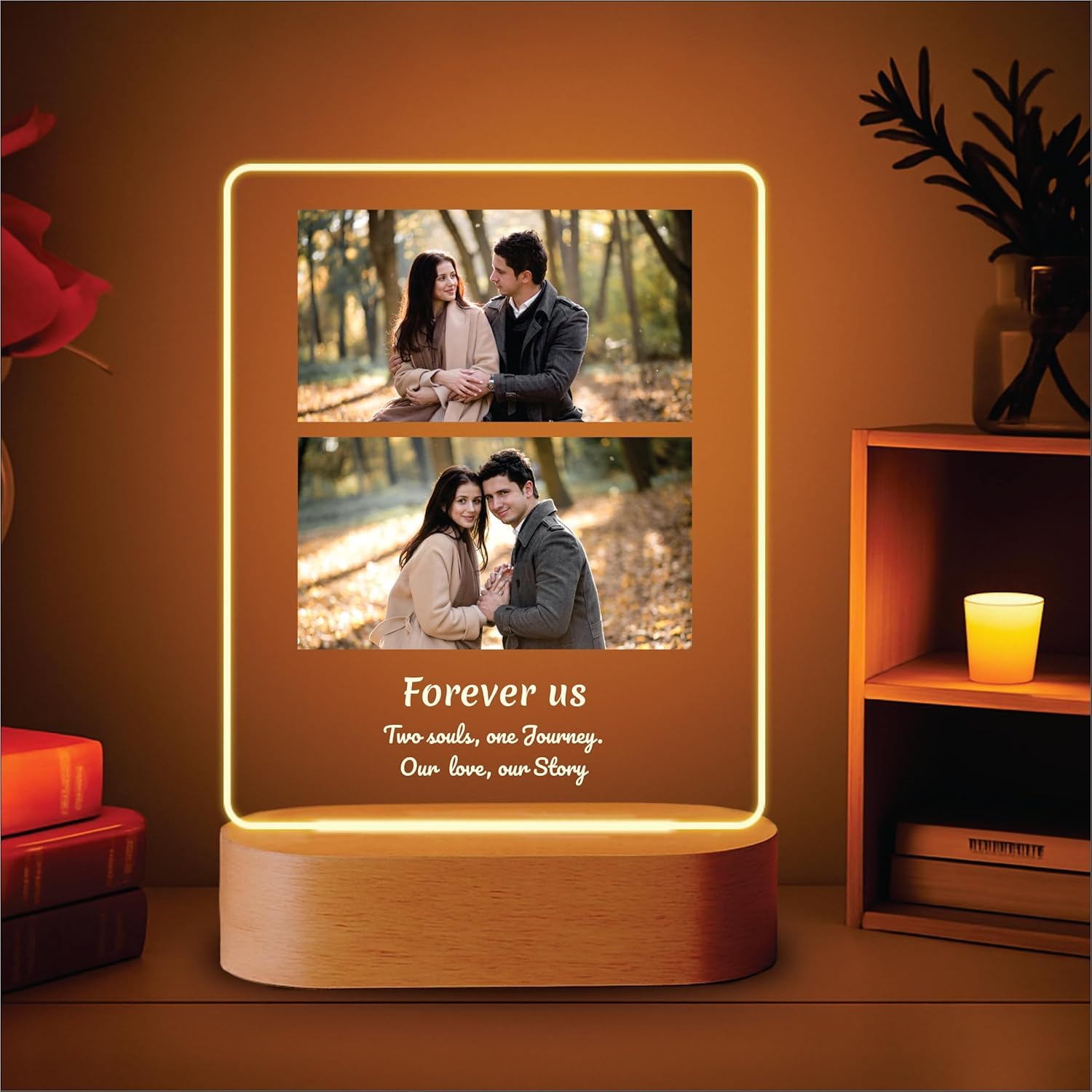Vertical LED acrylic photo frame with two photos, warm glow outline and wood base