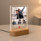 LED acrylic photo frame with warm glow outline, wood base, custom photo collage and heart