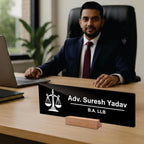 Black acrylic desk plate with scales icon on wood stand: Adv. Suresh Yadav, B.A. LLB