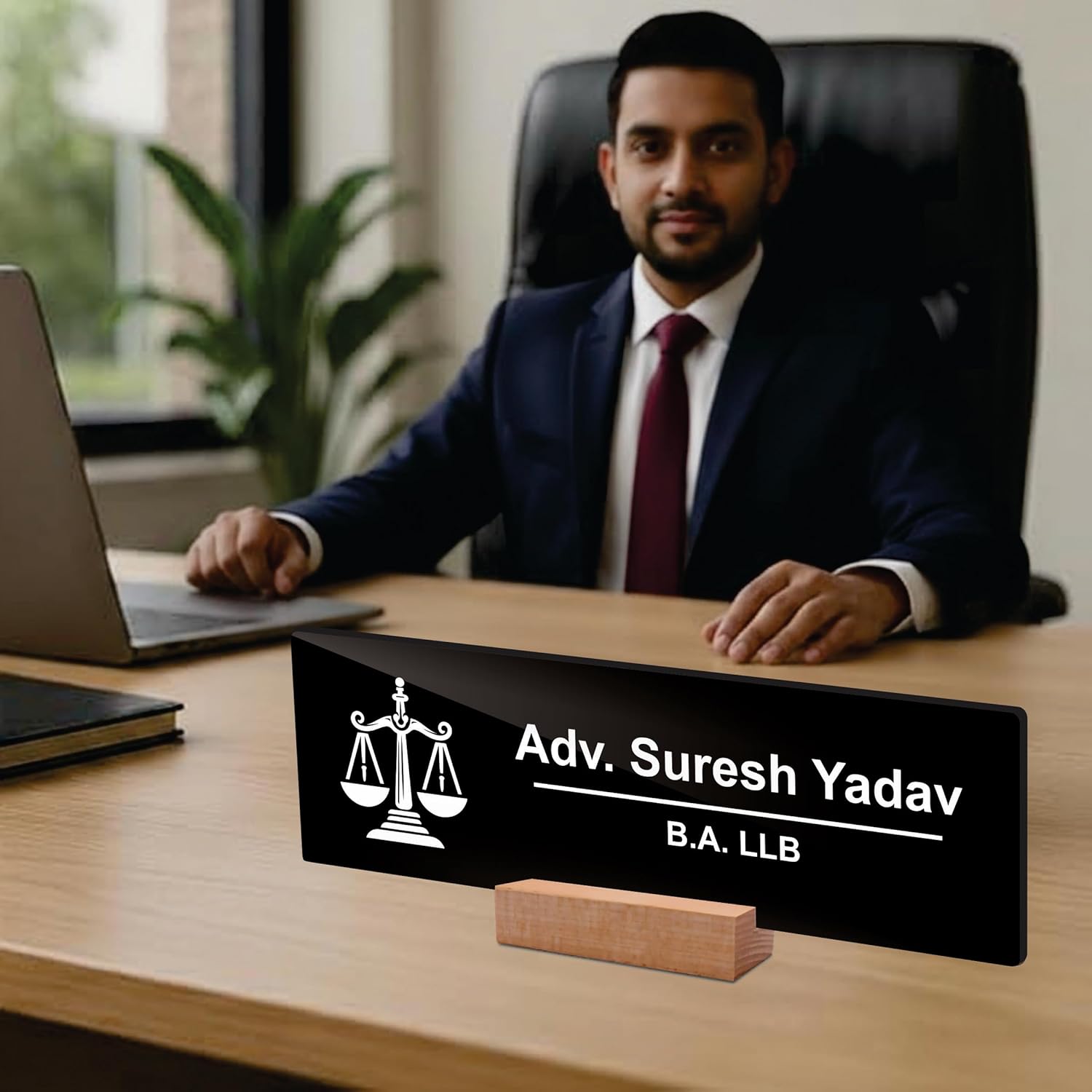 Black acrylic desk plate with scales icon on wood stand: Adv. Suresh Yadav, B.A. LLB