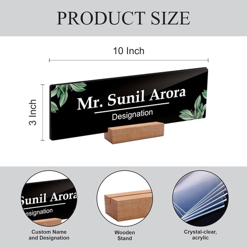 Black acrylic desk name plate, 10 in by 3 in, Mr. Sunil Arora Designation
